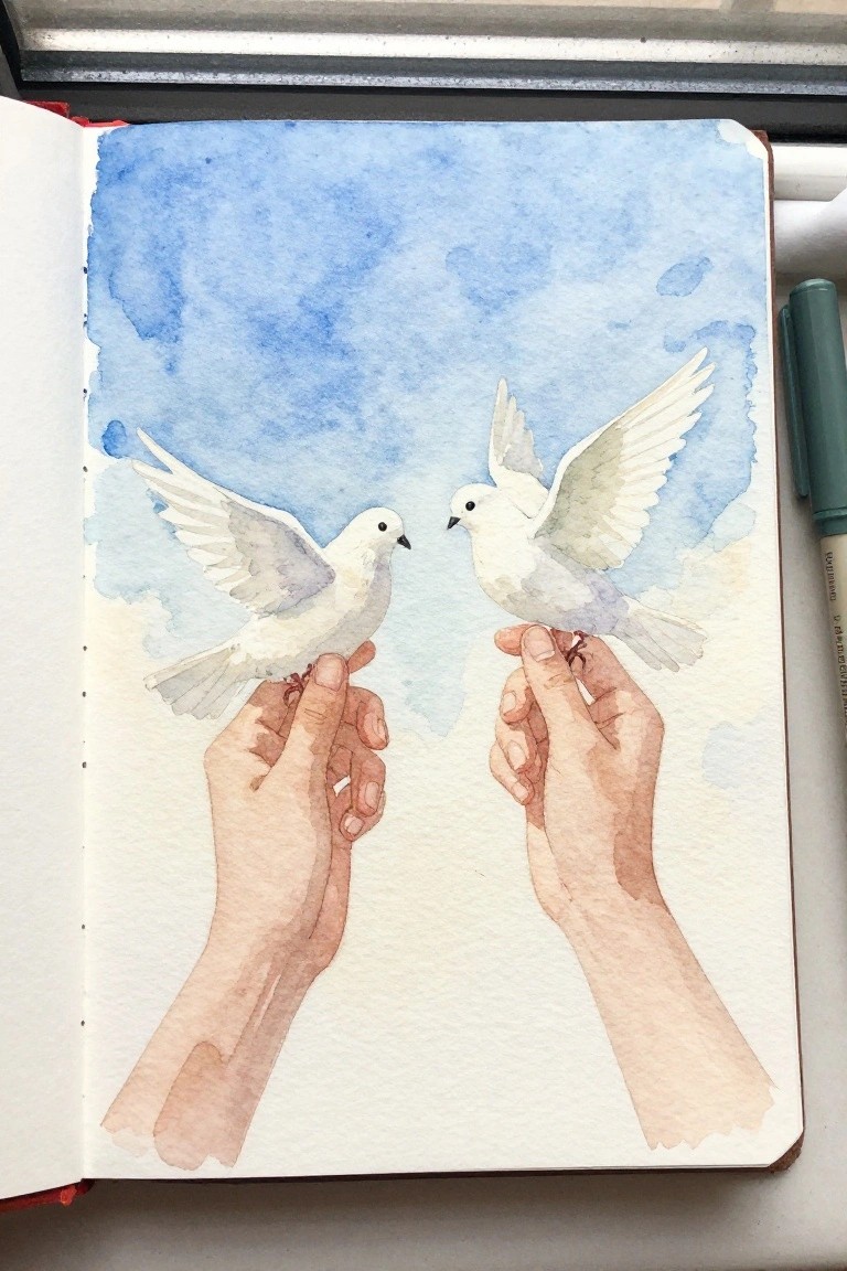 A watercolor painting in an open sketchbook showing two hands each holding a white dove against a blue background.