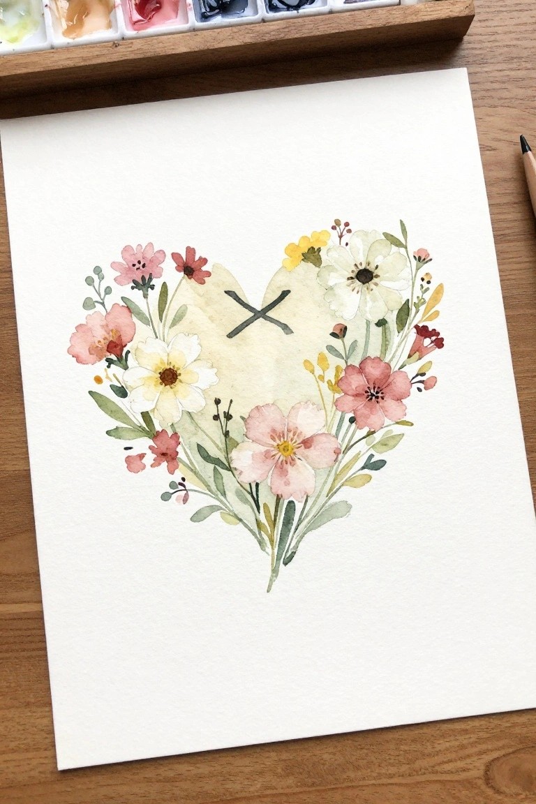 Watercolor heart wreath with pink, white, and yellow flowers surrounding a black X mark