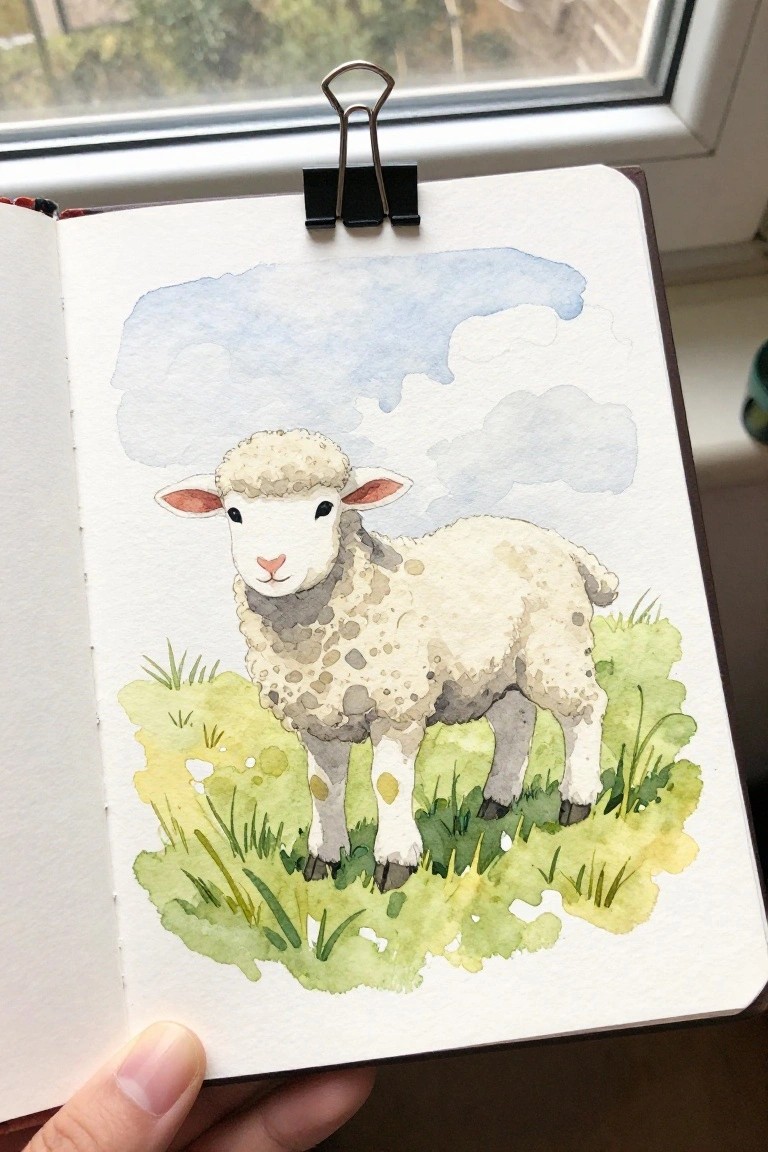 Open sketchbook with binder clip showing watercolor lamb on green grass under blue sky.