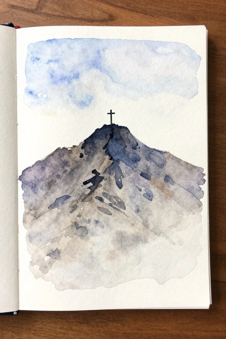 Open sketchbook with watercolor mountain peak and cross under blue sky.