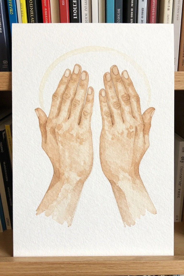 Watercolor painting of two hands with faint halo before colorful bookshelf