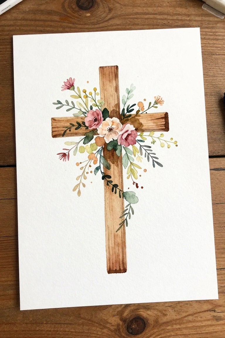 Watercolor painting of wooden cross with pink roses and green foliage on white paper