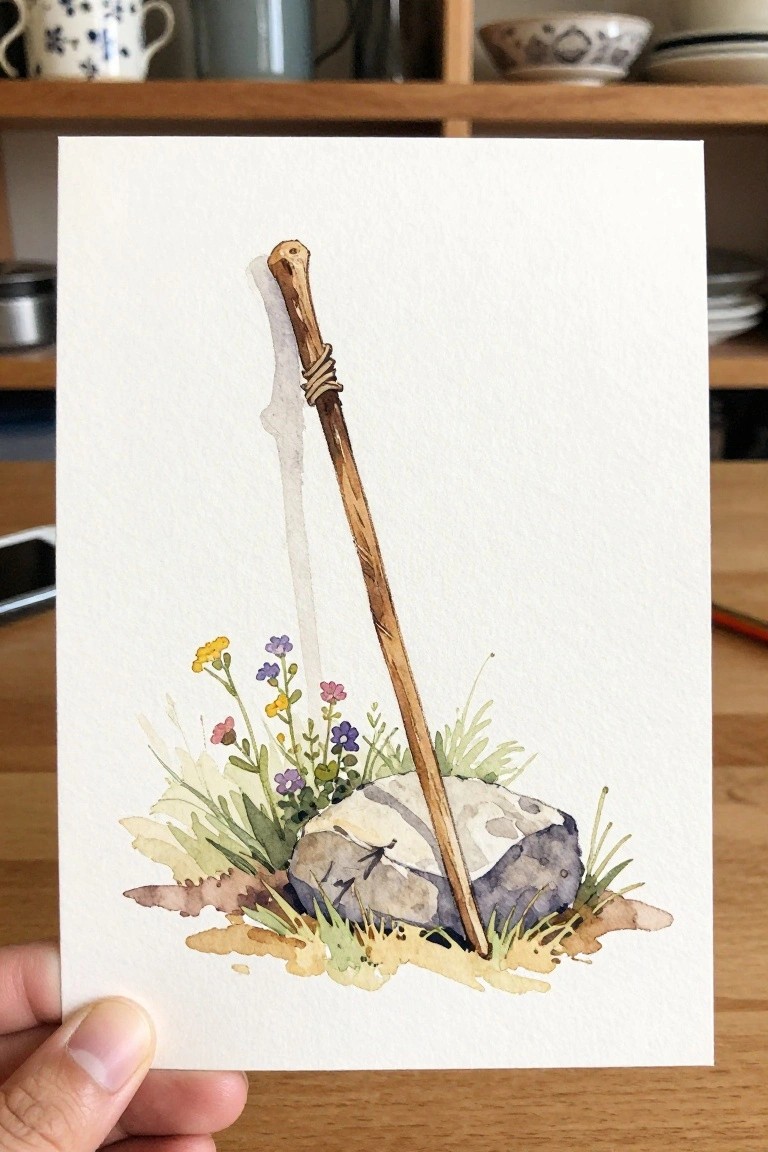 Hand holding watercolor of wooden staff leaning on rock amid wildflowers.