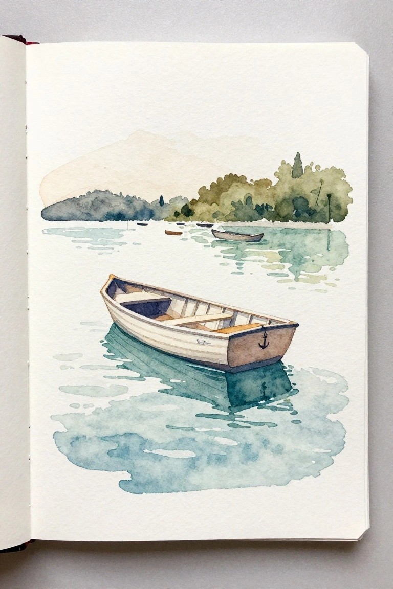 Watercolor painting of a small white boat floating on calm turquoise water near green hills.