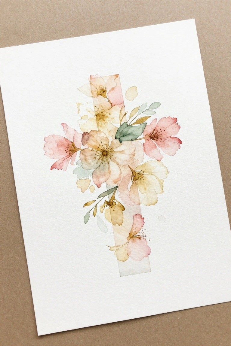 Soft pink and yellow watercolor flowers arranged into a cross on white paper