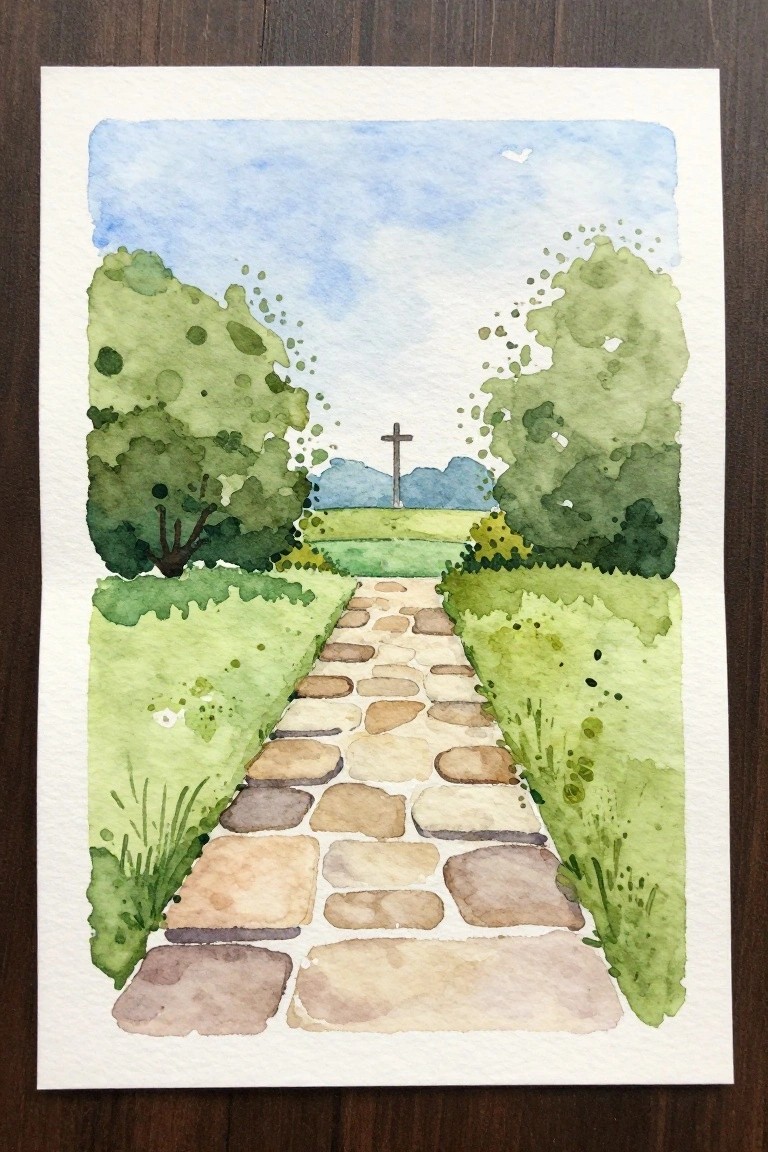 Watercolor of stone path through green trees and bushes leading to distant cross.