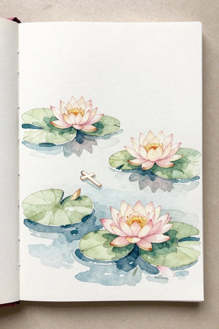 Watercolor painting of pink water lilies with a small golden cross on blue water