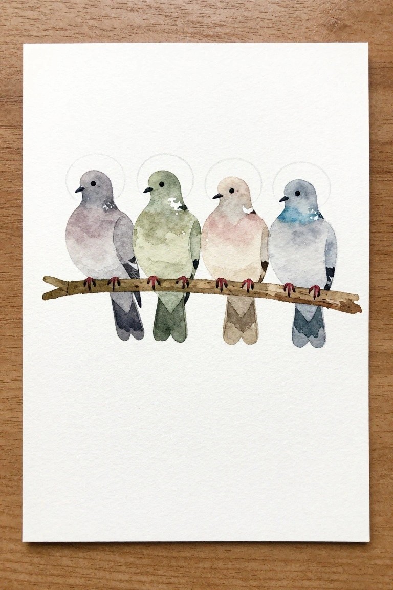 Four haloed pastel watercolor birds perched on a thin wooden branch.