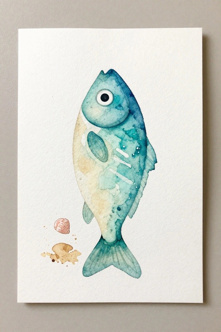 A watercolor painting of a blue and green fish with a small pink seashell and brown sand patch on white paper.