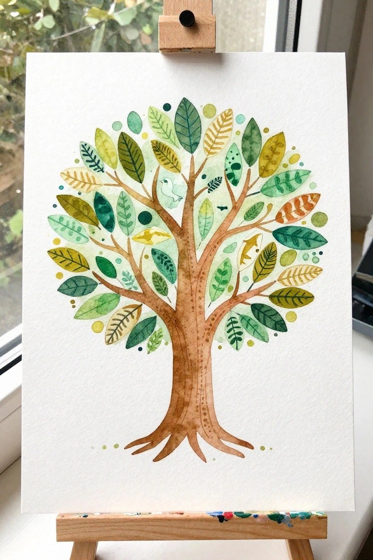 Watercolor painting of a tree with brown trunk, colorful leaves, and bird on wooden easel.
