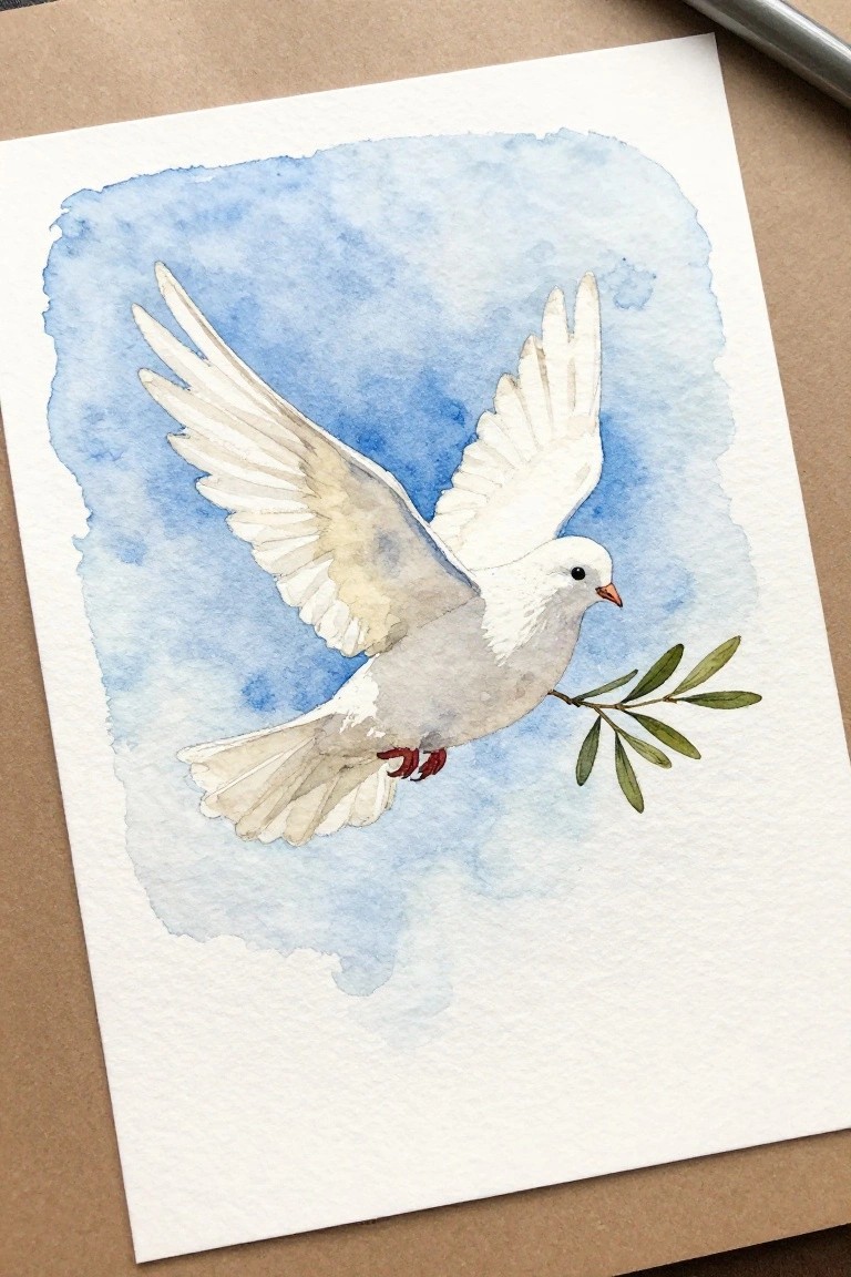 Watercolor of white dove in flight clutching olive branch against blue wash.