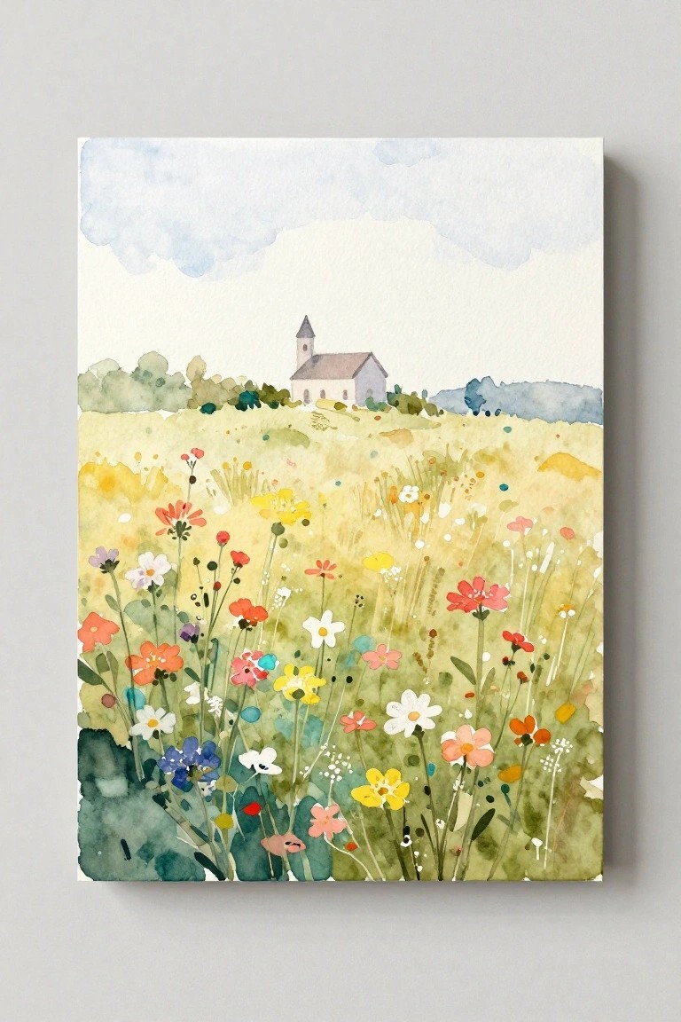 Watercolor meadow of colorful wildflowers with a distant church on a hill