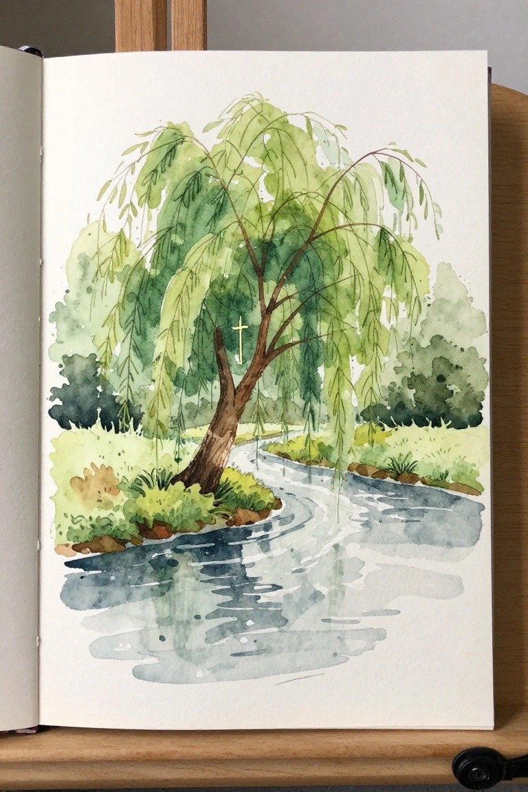 Watercolor of weeping willow with cross beside winding stream in open sketchbook.