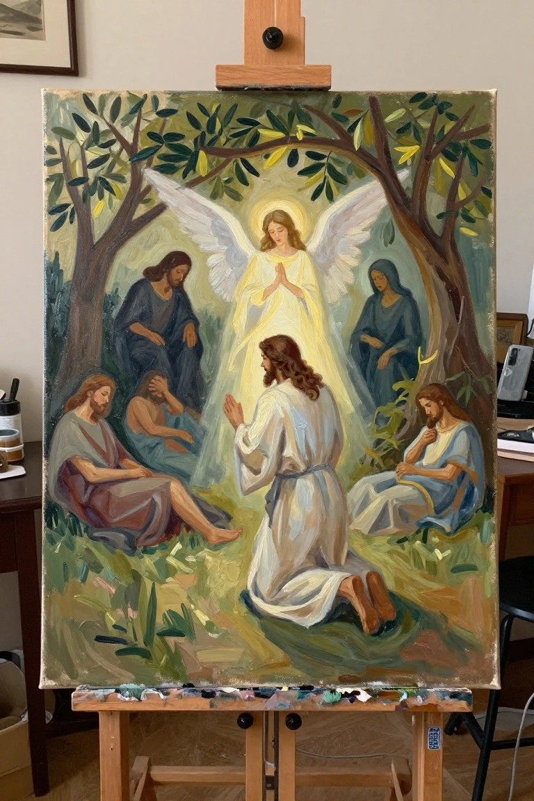 Colorful painting on easel depicts glowing haloed angel praying amid robed figures under trees