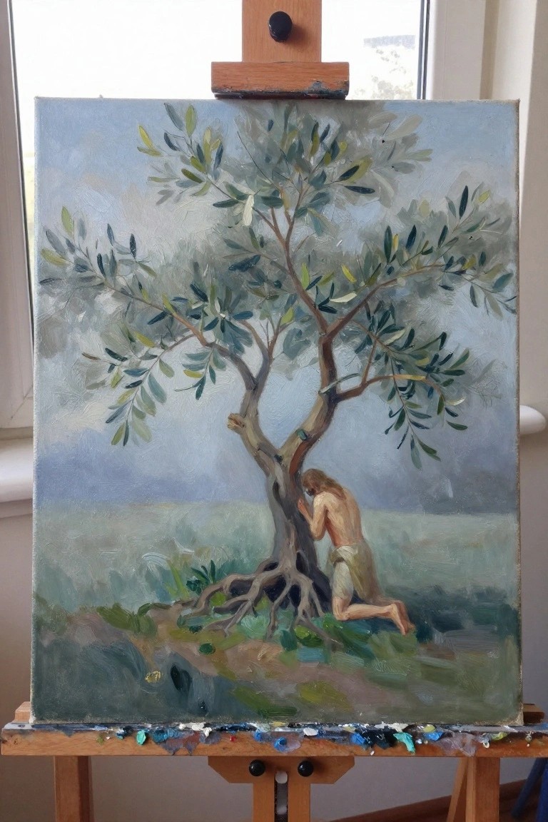 Oil painting on easel of shirtless man kneeling and embracing a leafy tree.