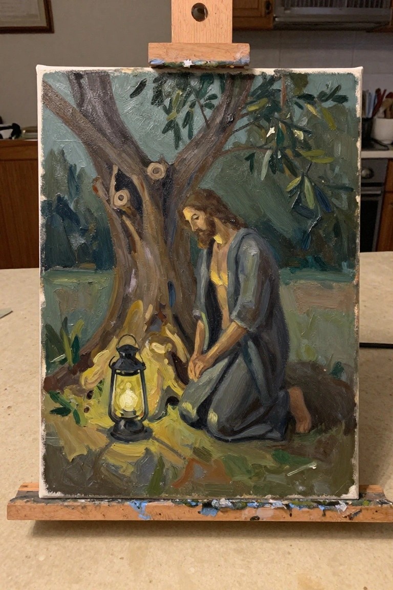 Oil painting shows Jesus in blue robe kneeling by lantern under tree at dusk