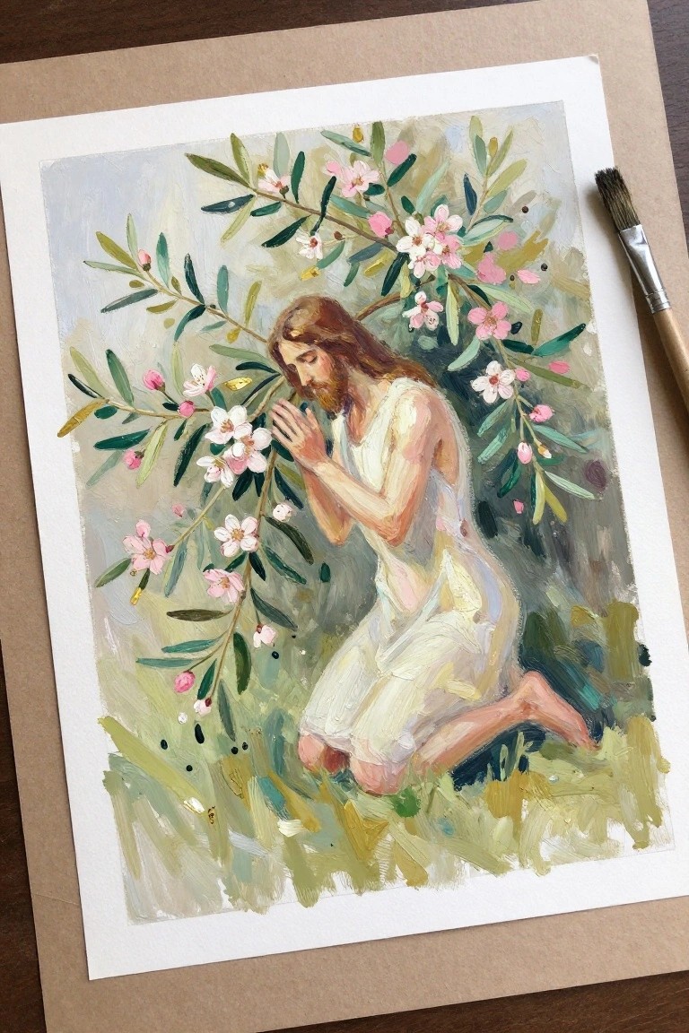 Jesus in white robes kneels praying amid pink-blossomed branches in impressionistic painting.
