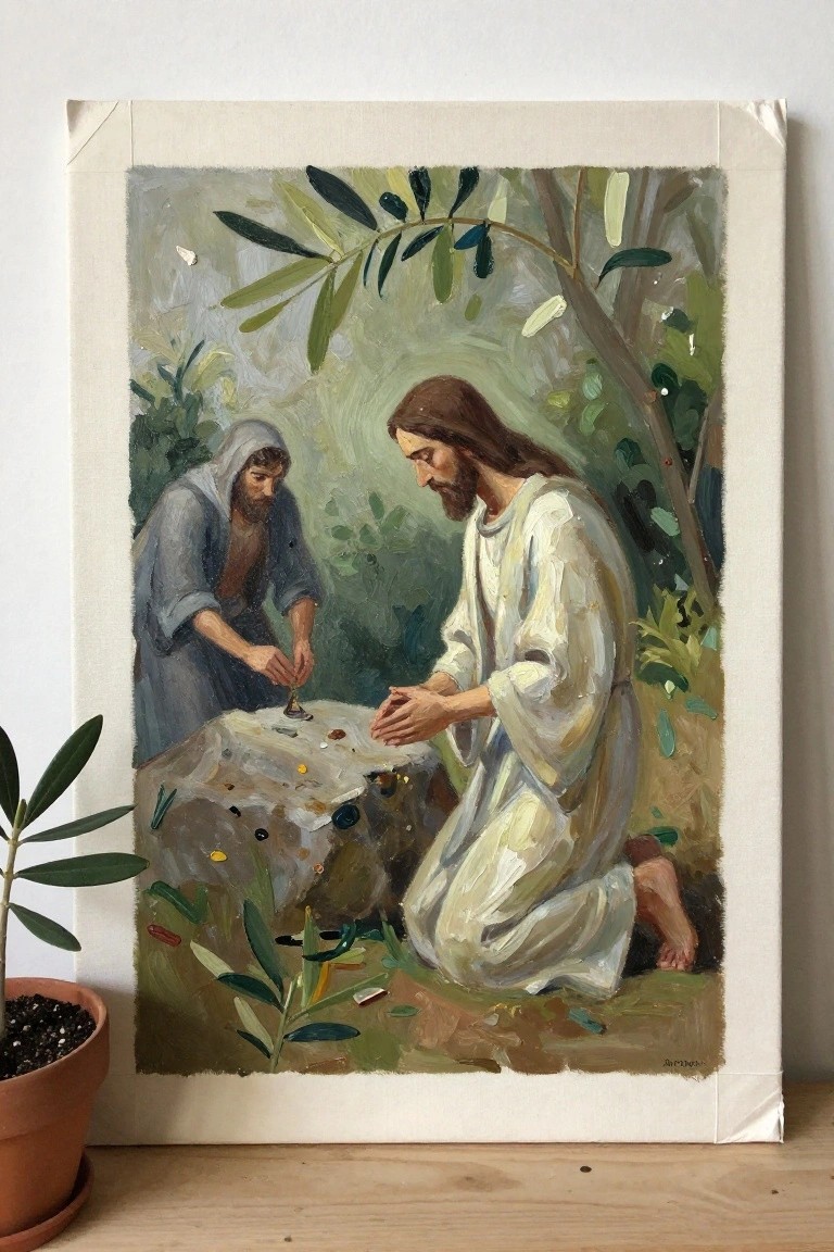 Jesus kneels in white robes praying beside coin-covered stone with blue-robed man in lush garden.