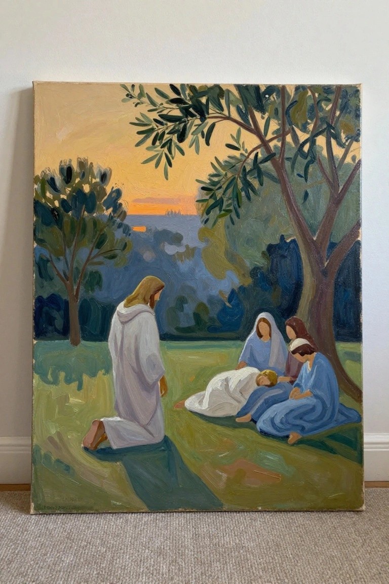 Jesus kneels in white robe near blue-robed women with body under tree at sunset