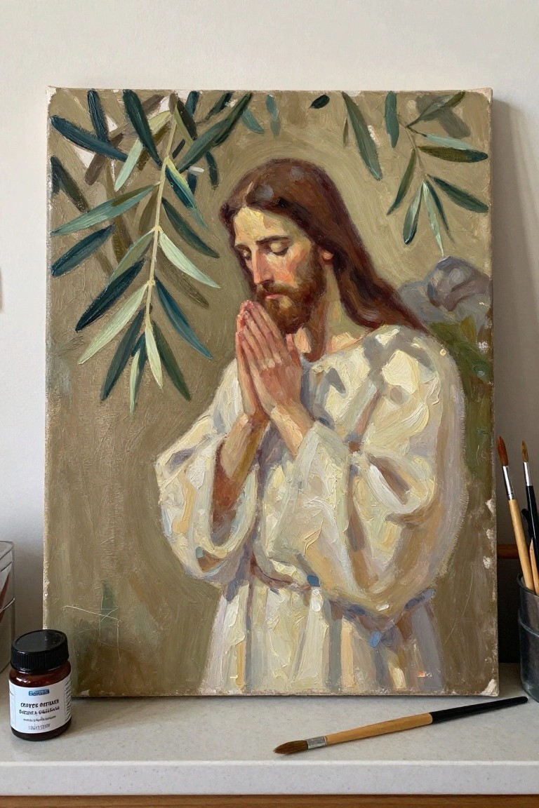 Oil painting of Jesus in white robe praying amid olive branches with art supplies nearby