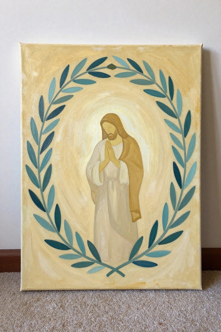 Jesus in white robes and brown cloak prays inside blue-green leaf wreath on yellow background