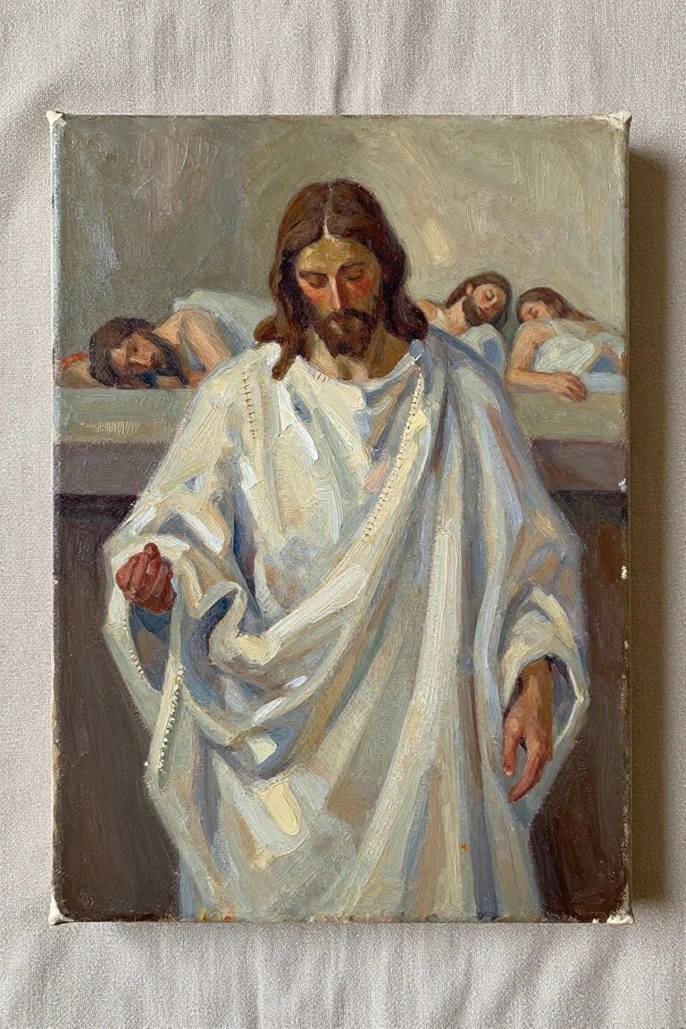 Jesus in flowing white-blue robes before three sleeping disciples in muted oil painting