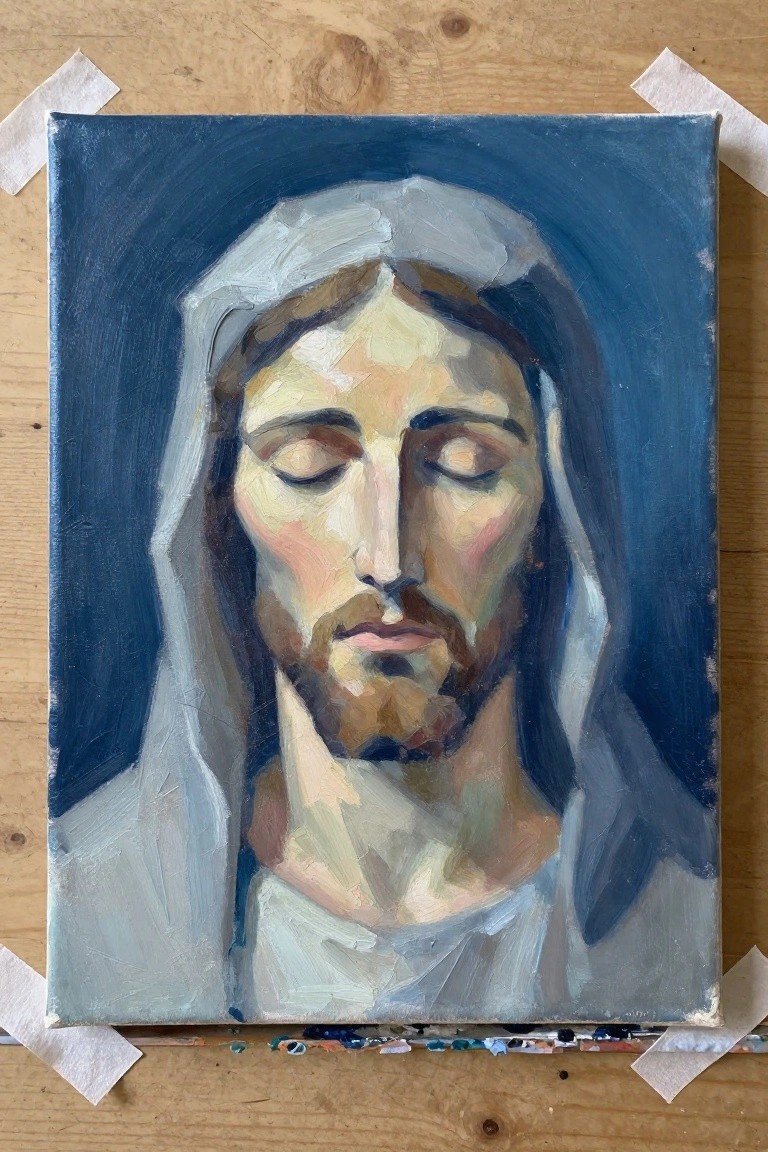 Oil painting of Jesus with closed eyes, white veil on dark blue canvas taped to wood