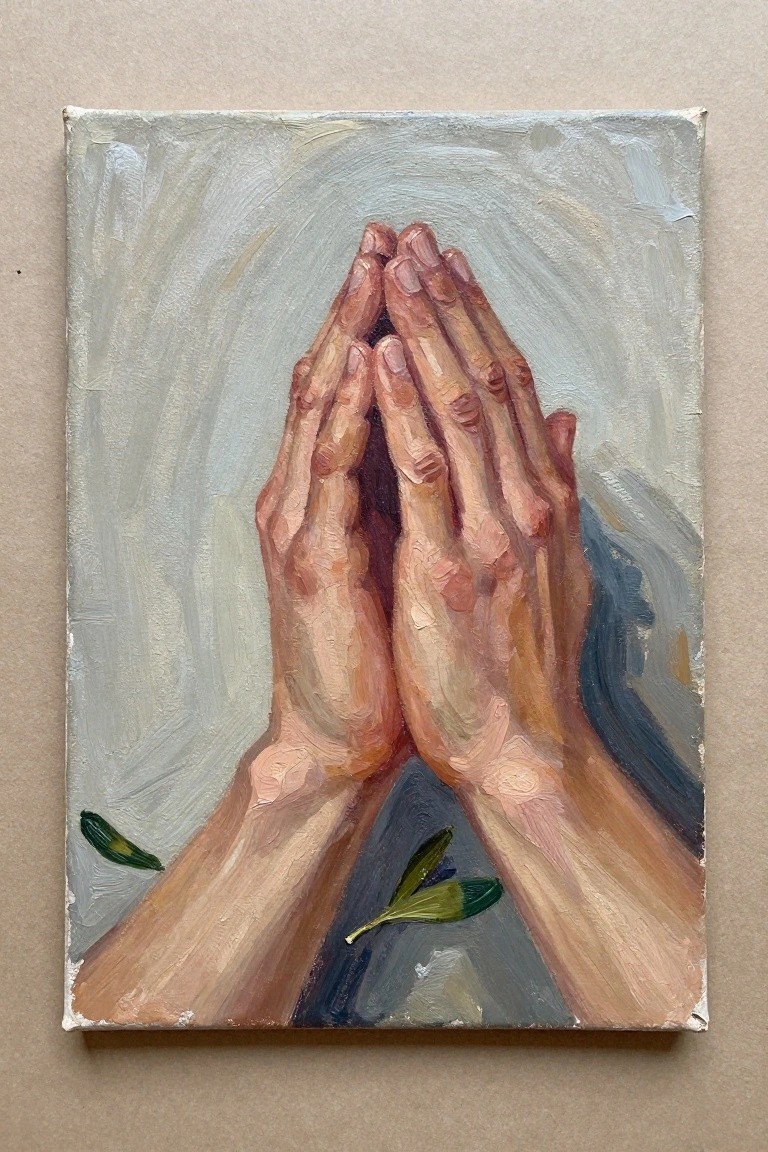 Clasped hands in prayer pose, oil painting with textured brushstrokes on light background