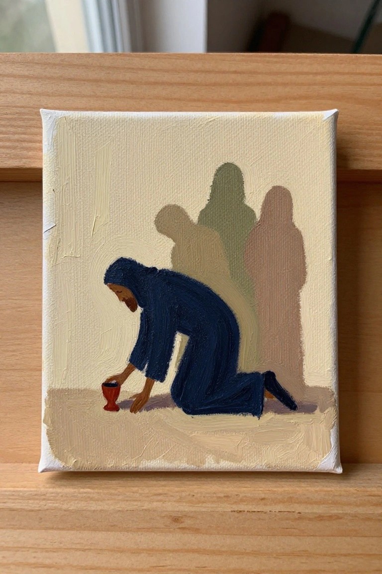 Kneeling figure in blue robe reaches for red cup amid three muted background silhouettes