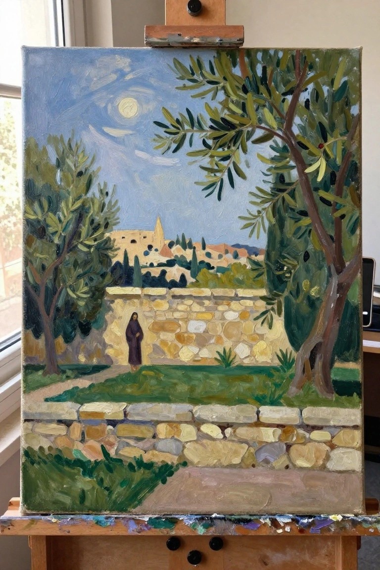 Oil painting on easel of robed figure by stone wall with olive trees and village