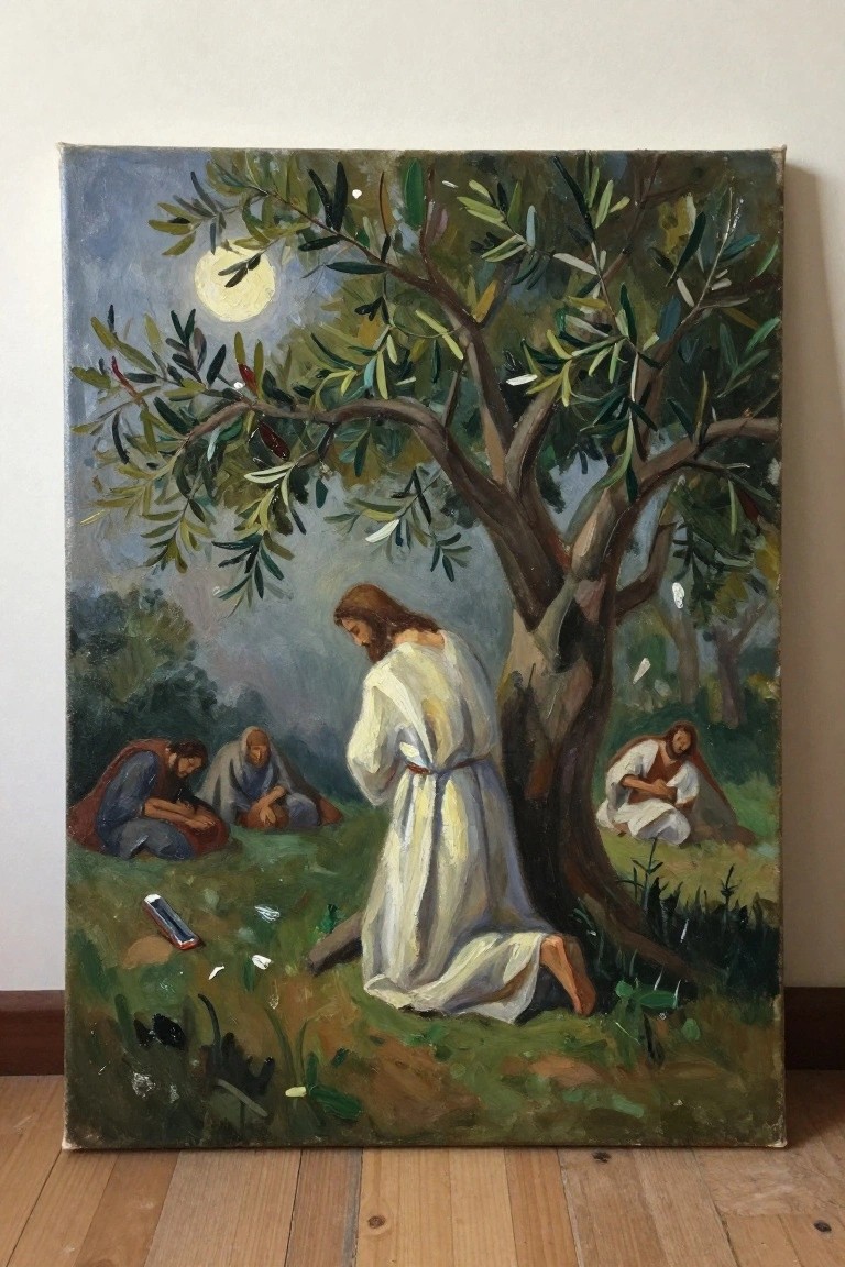 Jesus in white robe kneels under olive tree as disciples sleep at night.