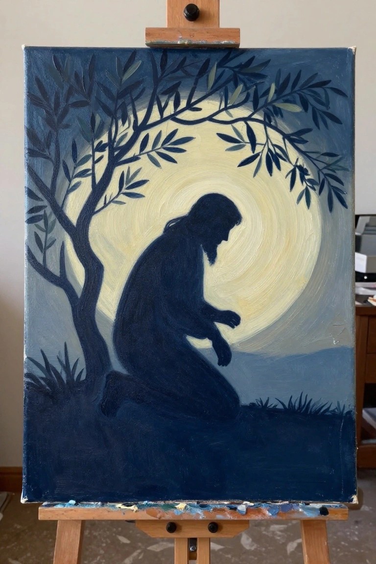 Silhouetted figure kneels praying under tree branches before glowing yellow moon.