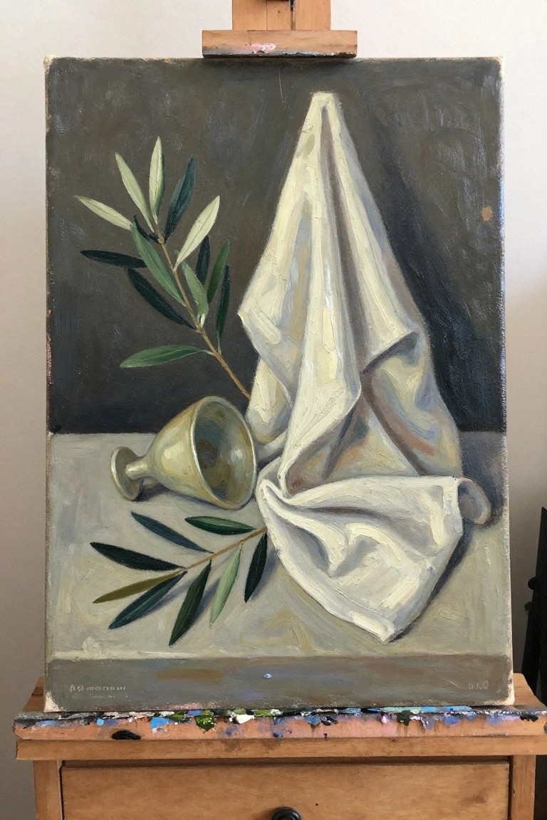 Still life oil painting on easel with white draped cloth, olive branch, and goblet.