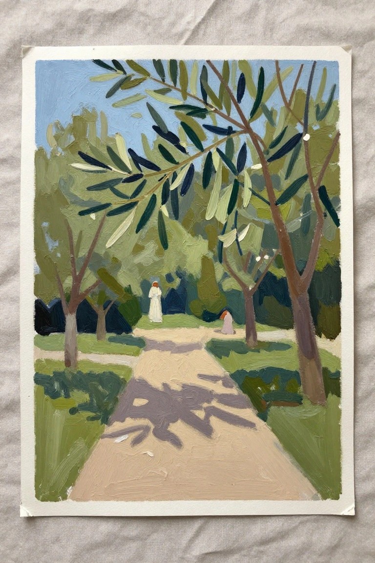 Impressionistic painting of a shaded park path with two distant figures among trees