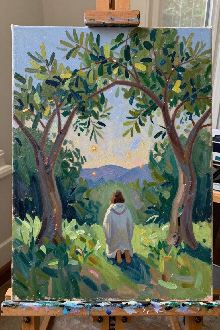 Canvas on easel shows robed figure walking under leafy trees toward distant mountains.