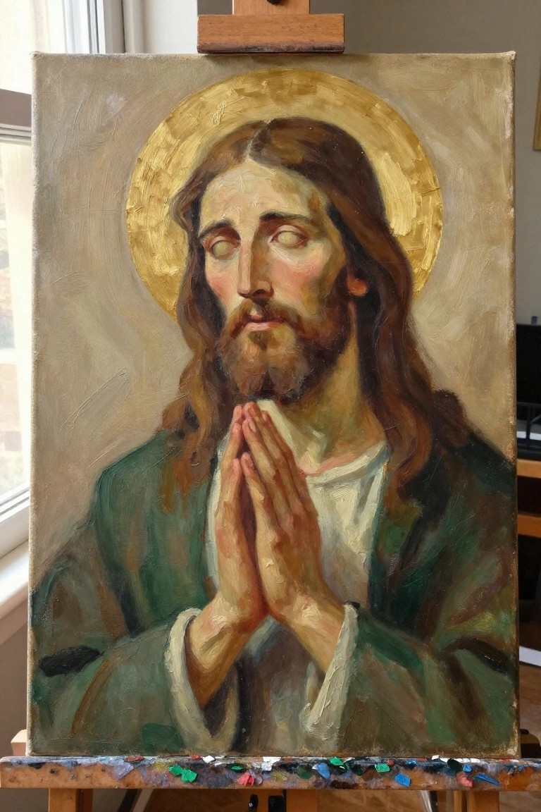Jesus with golden halo and clasped hands in prayer, wearing green robe on easel