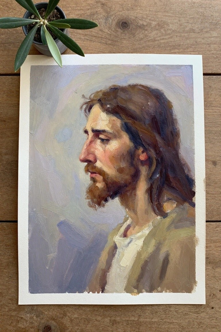 Oil portrait of long-haired bearded man in profile beside potted plant on wood