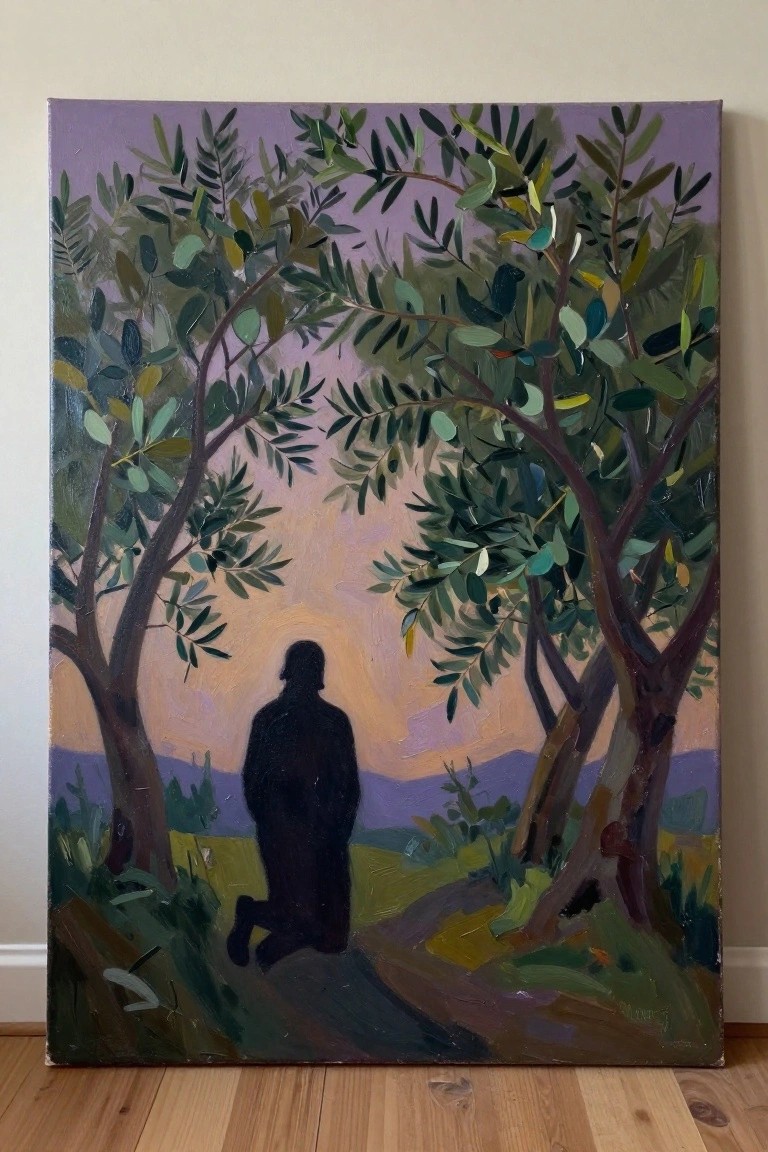Silhouetted figure kneeling amid leafy trees under a vibrant purple-orange sunset sky