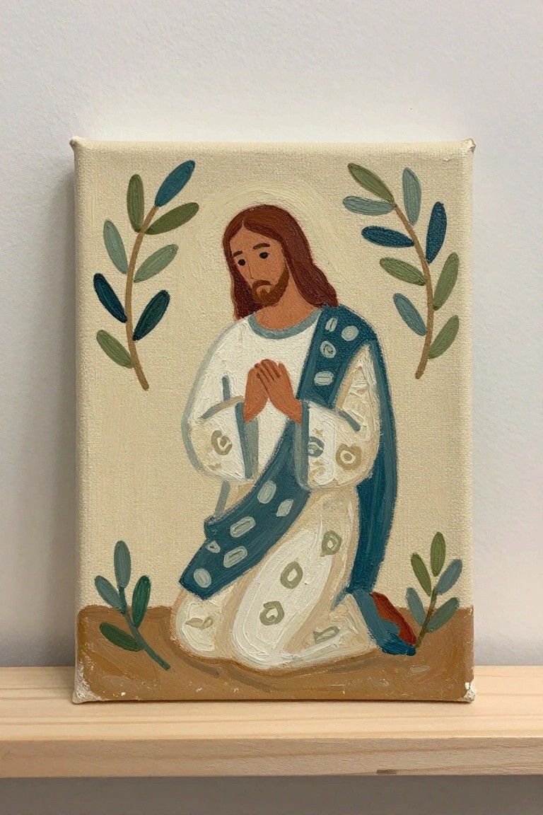 Kneeling bearded man in white robe with blue sash prays amid green branches.