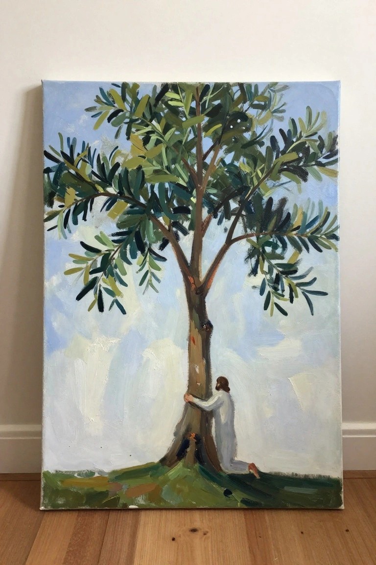 Impressionist painting of robed figure embracing large tree against blue sky and grass