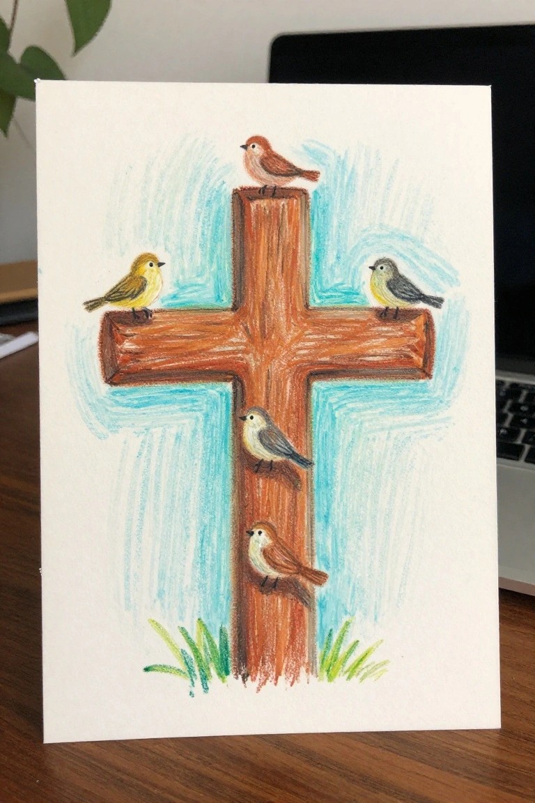 Colored pencil drawing of wooden cross with five small birds perched amid blue strokes and grass