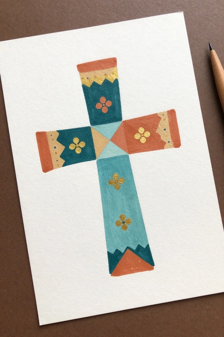 Watercolor cross in teal and orange with gold floral motifs on white paper beside pencil