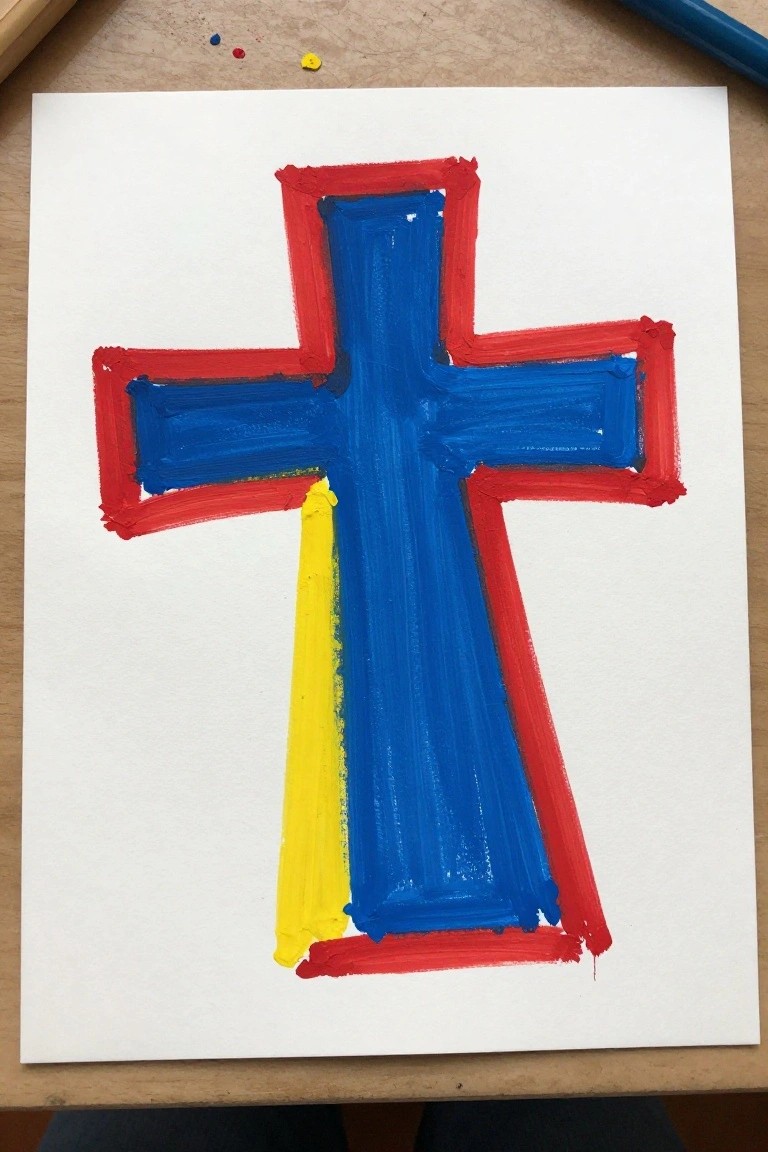 Blue cross with red outline and yellow stripe painted on white paper.
