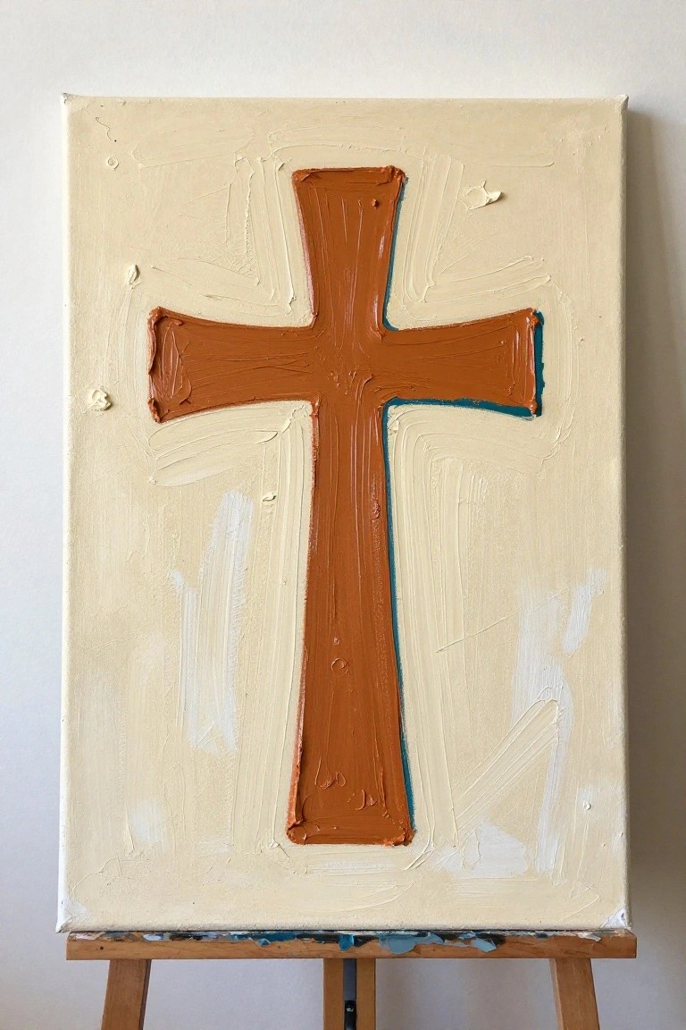 Textured brown cross with blue outline on cream canvas atop wooden easel