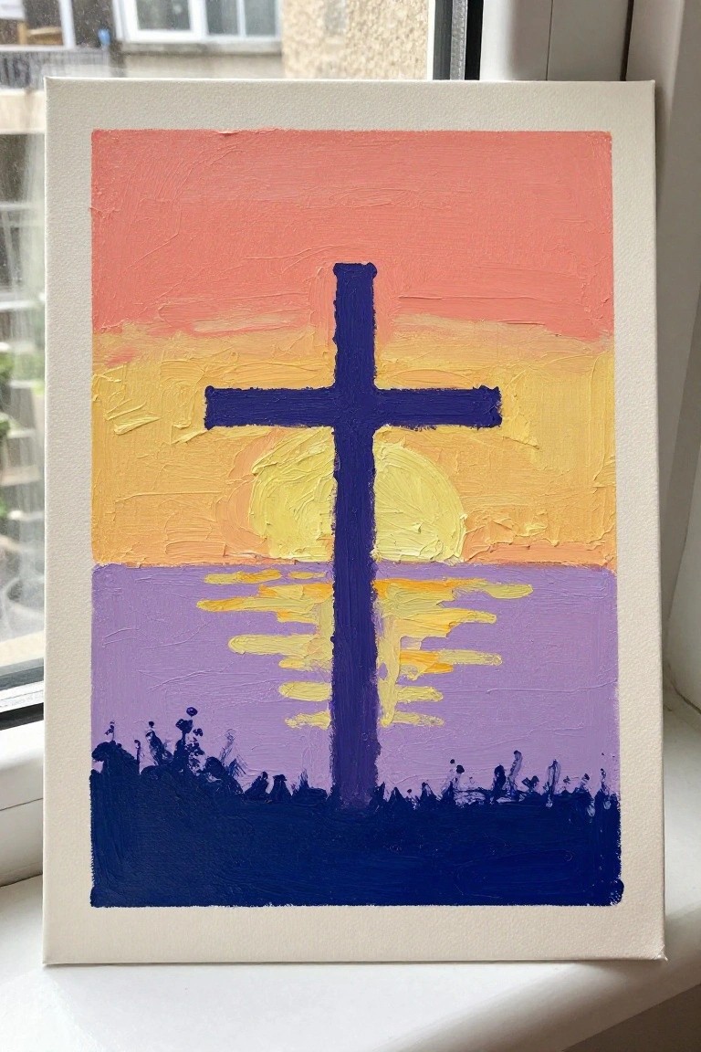 Acrylic painting of dark blue cross against pink-orange sunset over purple water