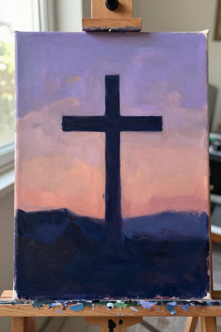 Painting on easel shows black cross against purple-pink clouds and orange horizon above blue hills