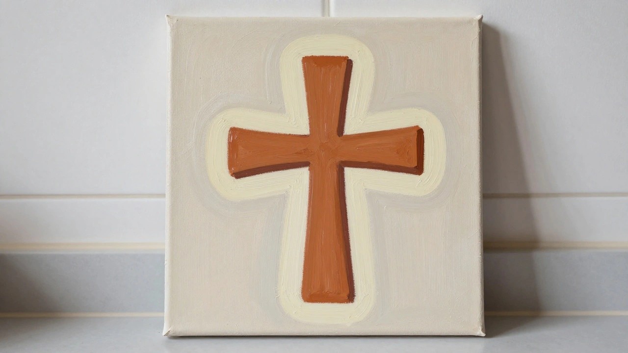 Brown cross with cream outline on peach painted canvas with brushstrokes.