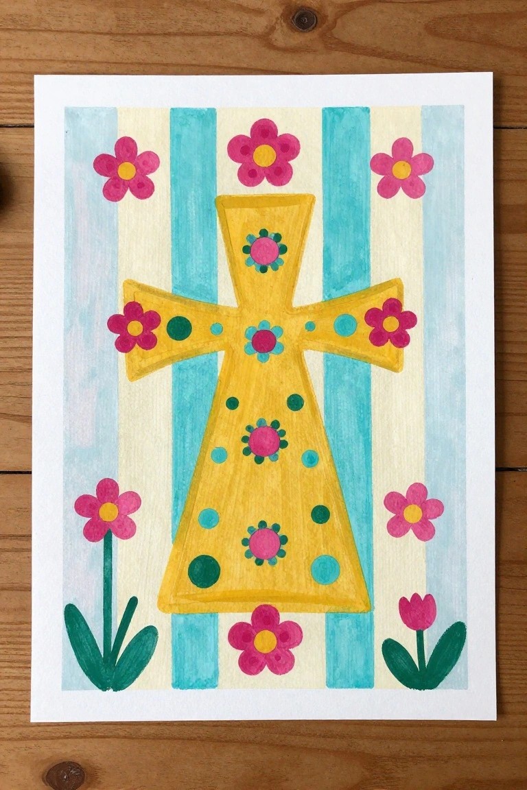 Yellow cross with pink flowers and dots on blue striped watercolor background.