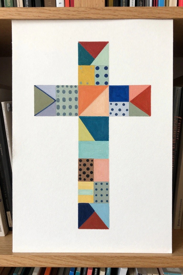 Colorful geometric cross of triangles, squares, and dotted patterns on white canvas.