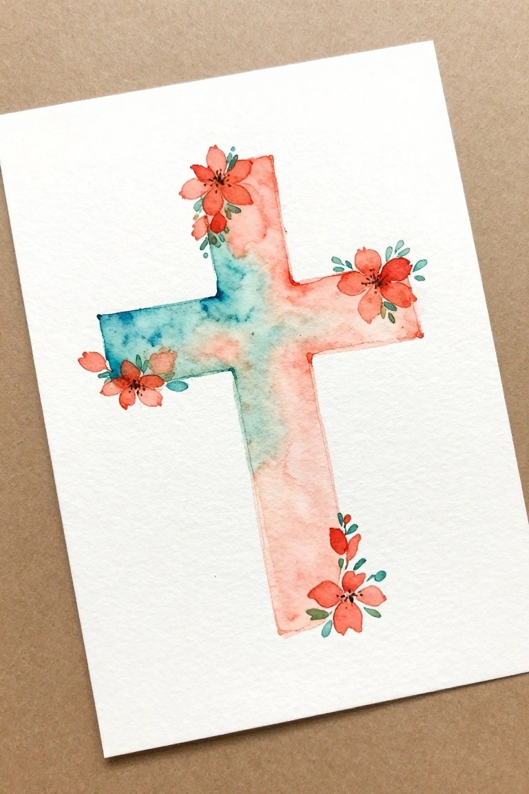 Watercolor cross blending blue and coral with red flowers on white paper